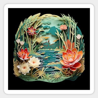 Plants and flowers in a pond made of paper 3d illusion Magnet